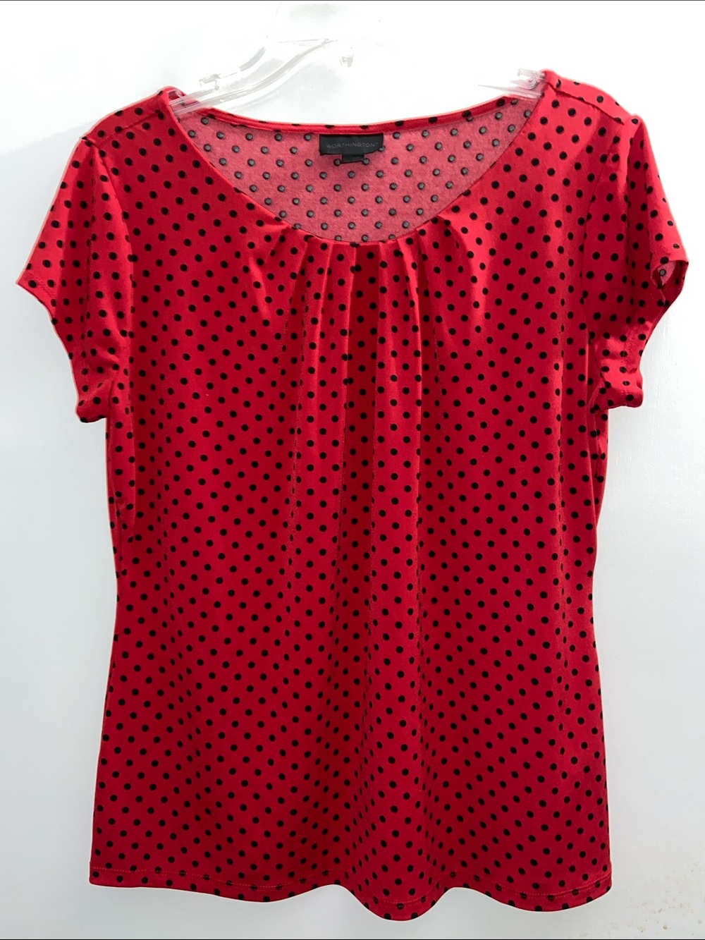 Worthington Red Short Cap Sleeve PleatedTop Black Polka Dots Petite Large